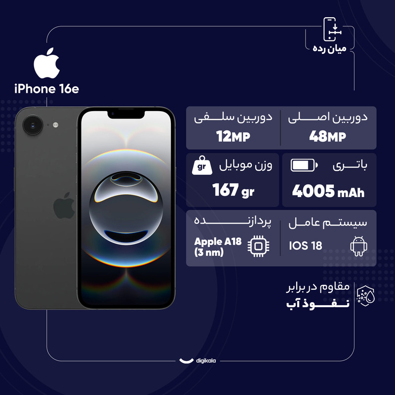 گوشی موبایل اپل مدل iPhone 16e ZAA دو سیم کارت ظرفیت 128 گیگابایت و رم 8 گیگابایت