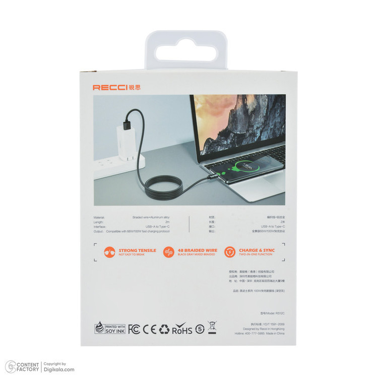 کابل تبدیل USB به USB-C رسی مدل RS12C 100W طول 2 متر