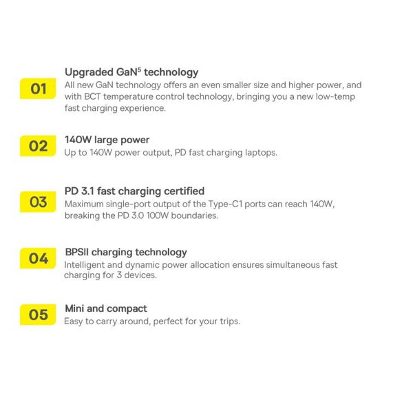 شارژر دیواری 140 وات باسئوس مدل Baseus Ga5 Pro Fast Charger 2C+U 140W EU CCGP10020
