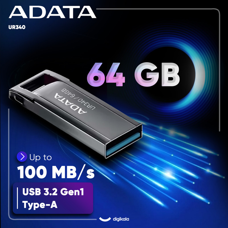فلش مموری ای دیتا مدل UR340 ظرفیت 64 گیگابایت با رابط USB