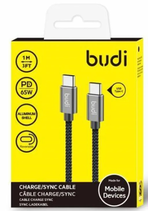 کابل شارژ کنفی USB-C به USB-C بودی مدل Budi DC206TT10B توان 65 وات طول 1 متر