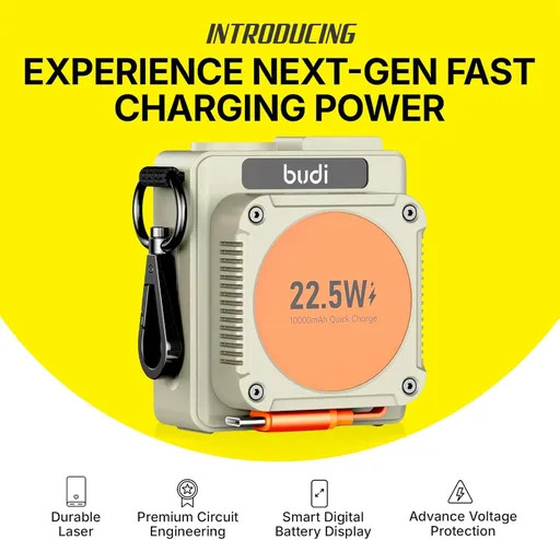 پاوربانک بودی 10000 میلی آمپر 22.5 وات مدل Budi PB815H دارای کابل USB-C متصل